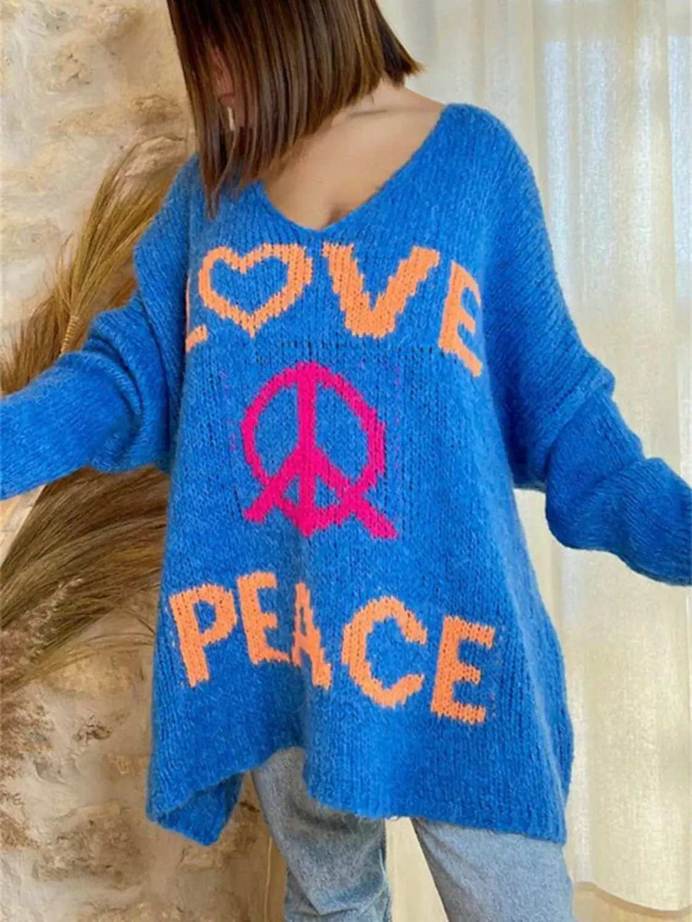 Peace Graphic V-Neck Long Sleeve Sweater - Trendsi - Flyclothing LLC
