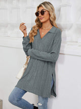 Slit Johnny Collar Long Sleeve T-Shirt - Trendsi - Flyclothing LLC
