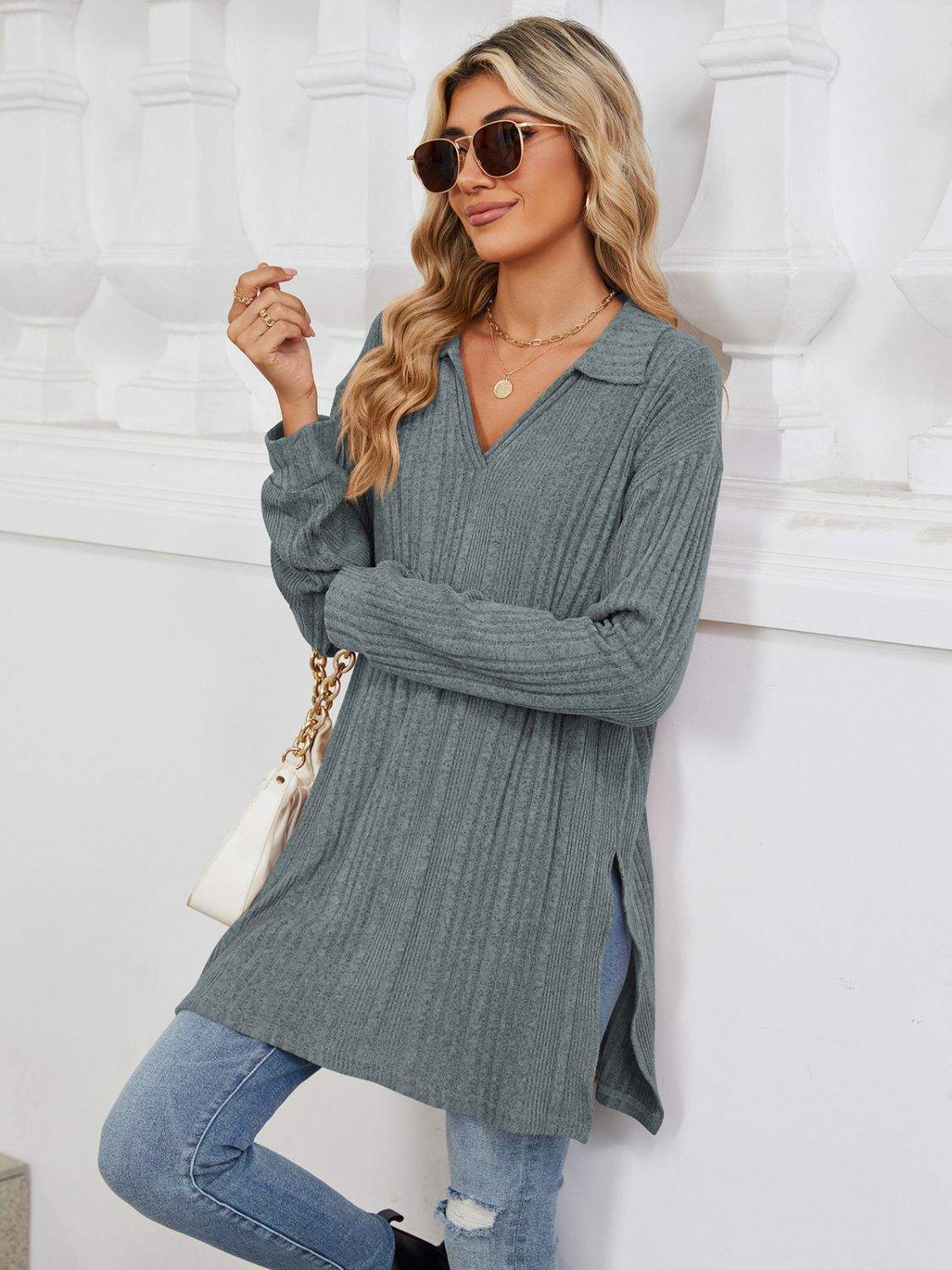 Slit Johnny Collar Long Sleeve T-Shirt - Trendsi - Flyclothing LLC