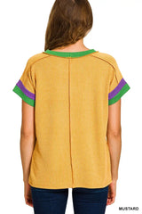 Zenana Mardi Gras Raised Rib Contrast Trim Top - Trendsi - Flyclothing LLC