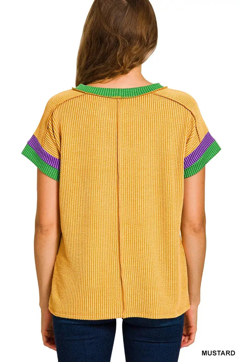 Zenana Mardi Gras Raised Rib Contrast Trim Top - Trendsi - Flyclothing LLC