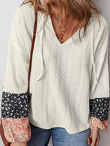 Floral Patchwork Textured Knit Drawstring V Neck Blouse - Trendsi - Flyclothing LLC