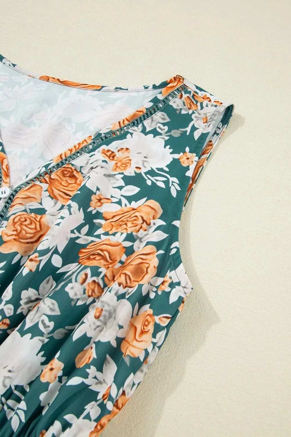 Floral Print Trimmed V Neck Tie Waist Sleeveless Dress - Trendsi - Flyclothing LLC