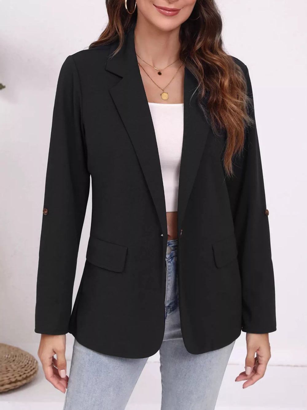 Lapel Collar Roll-Up Sleeve Blazer - Trendsi - Flyclothing LLC