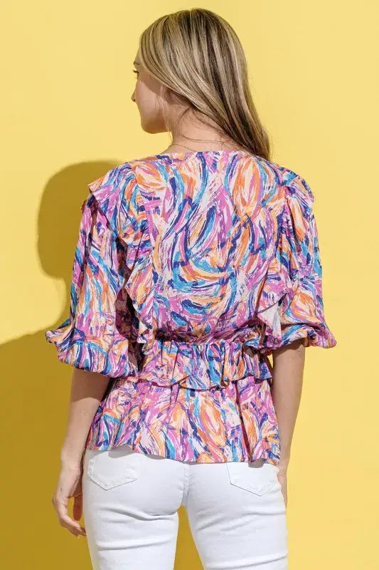 And The Why Printed Lantern Sleeve Blouse - Trendsi - Flyclothing LLC