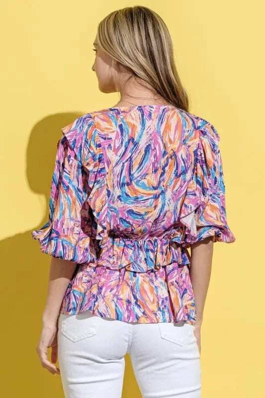 And The Why Printed Lantern Sleeve Blouse - Trendsi - Flyclothing LLC