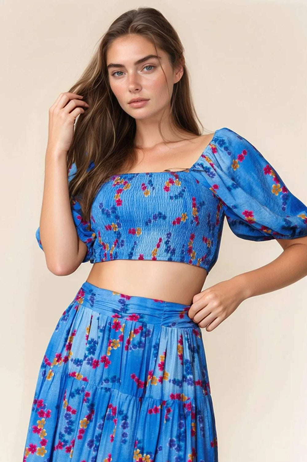 Davi & Dani Smocing Bodice Puff Short Sleeve Printed Crop Top - Trendsi - Flyclothing LLC