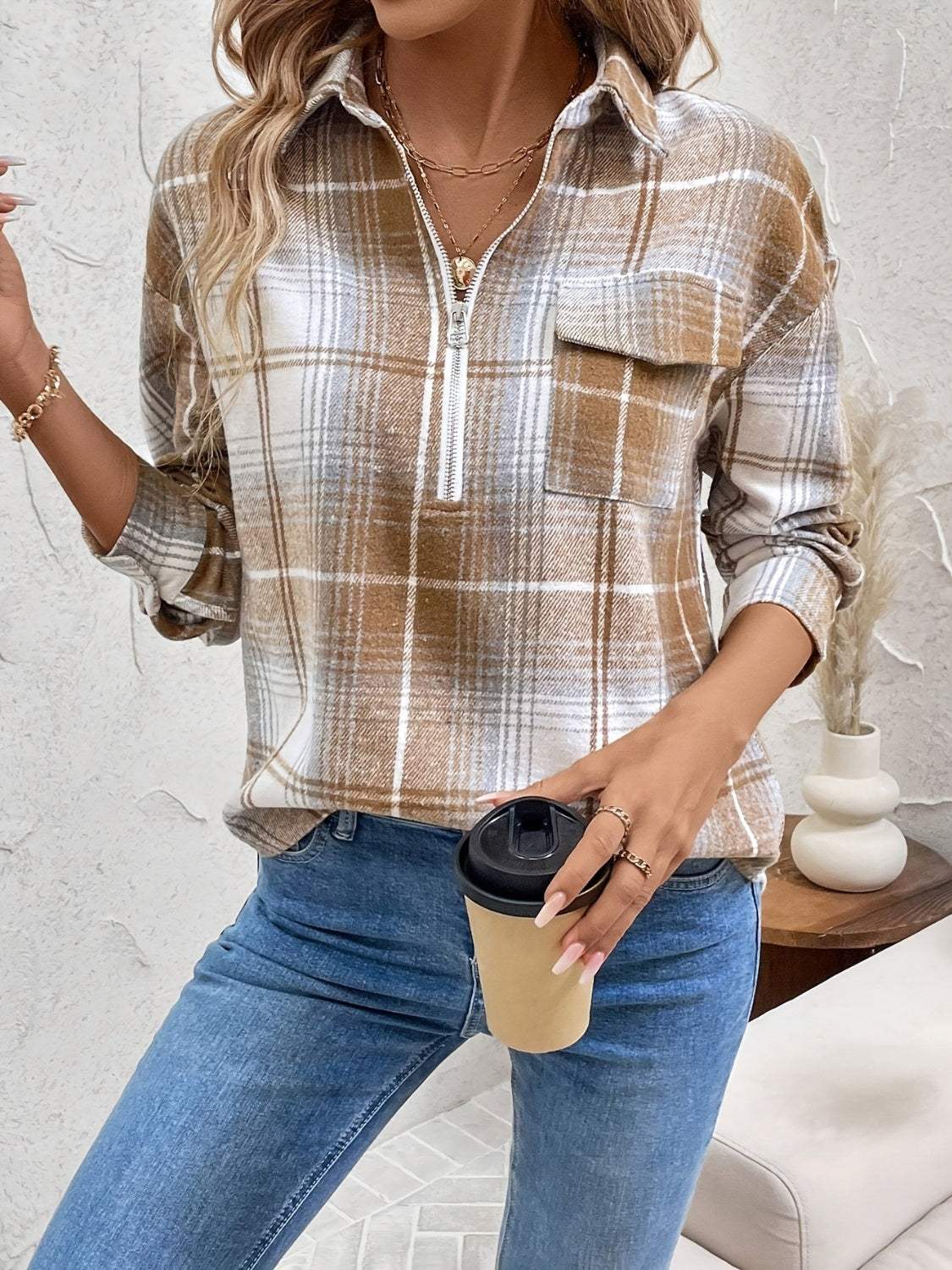 Plaid Collared Neck Half Zip Long Sleeve Top - Trendsi - Flyclothing LLC