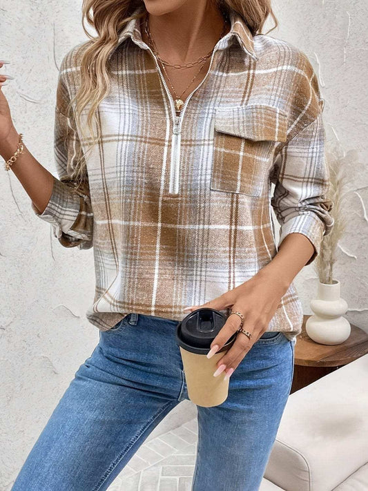 Plaid Collared Neck Half Zip Long Sleeve Top - Trendsi - Flyclothing LLC