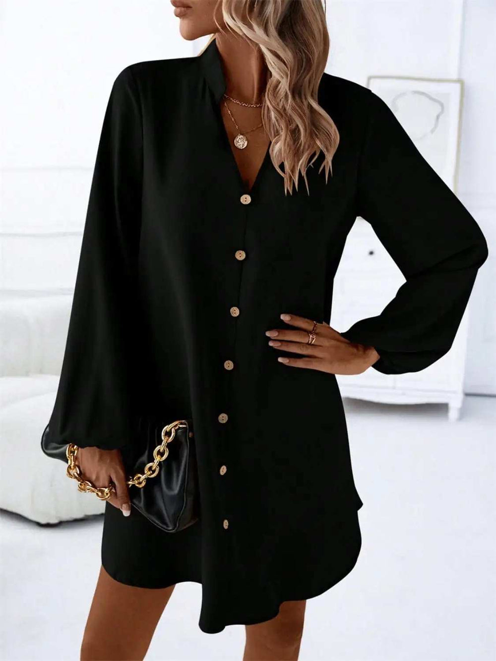 Notched Long Sleeve Mini Dress - Trendsi - Flyclothing LLC