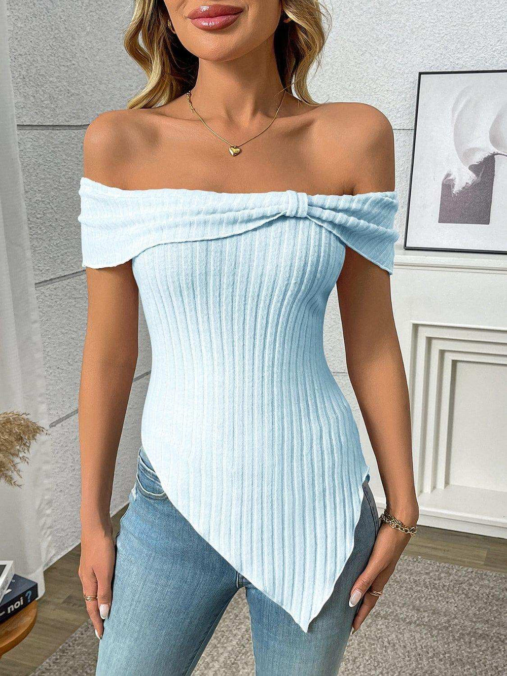 Ribbed Off-Shoulder Asymmetrical Hem T-Shirt - Trendsi - Flyclothing LLC