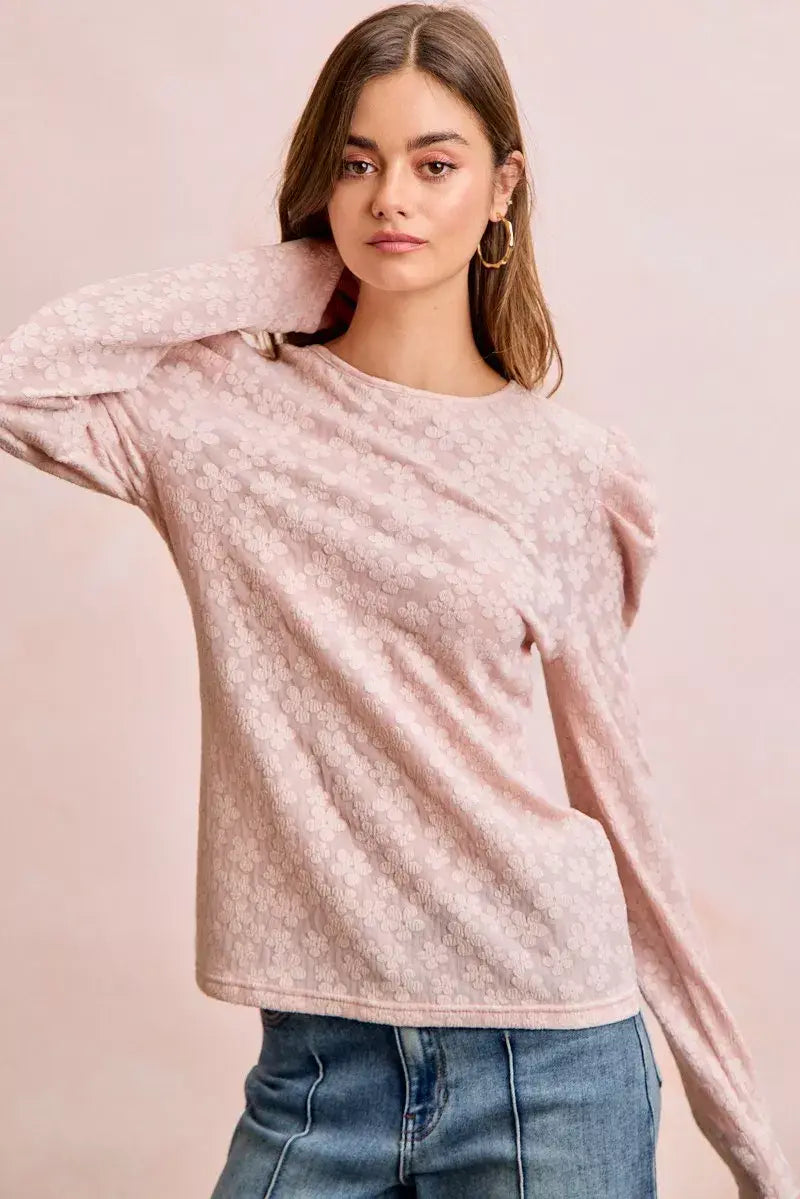 BiBi Textured Flower Knit Puff Shoulder Top - Trendsi - Flyclothing LLC