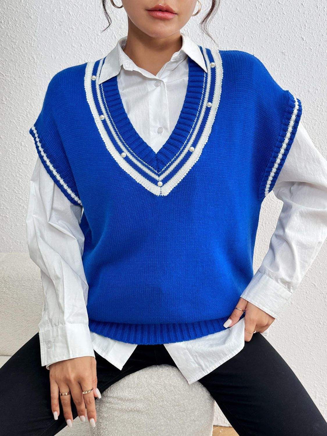 Pearl Trim Contrast V-Neck Sweater Vest - Trendsi - Flyclothing LLC