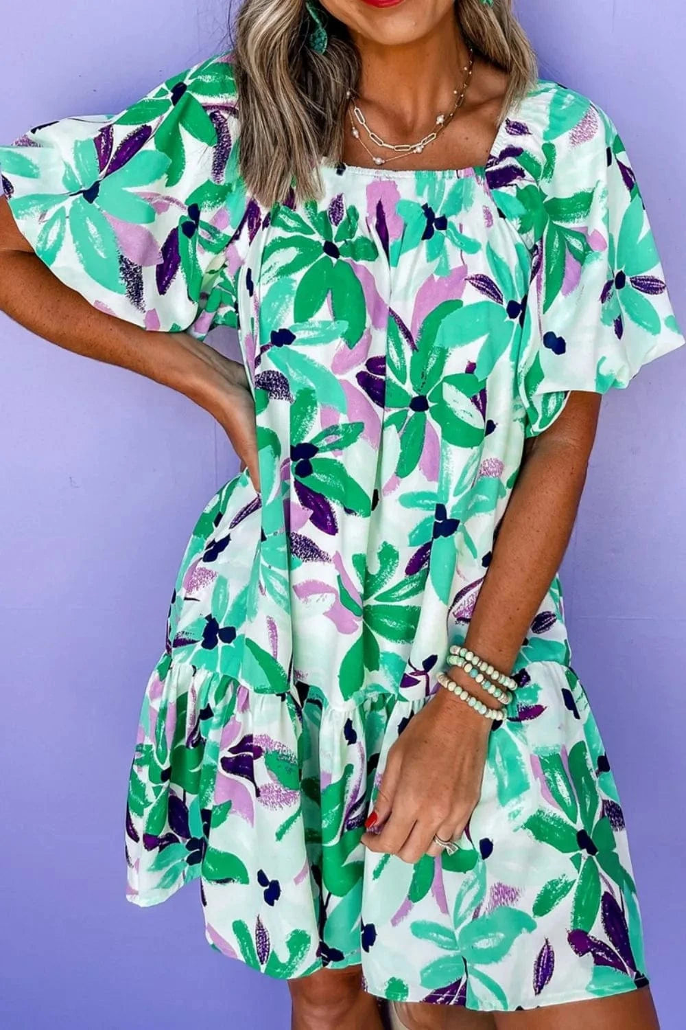 Floral Print Shirred Square Neck Loose Fit Mini Dress - Trendsi