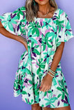 Floral Print Shirred Square Neck Loose Fit Mini Dress - Trendsi