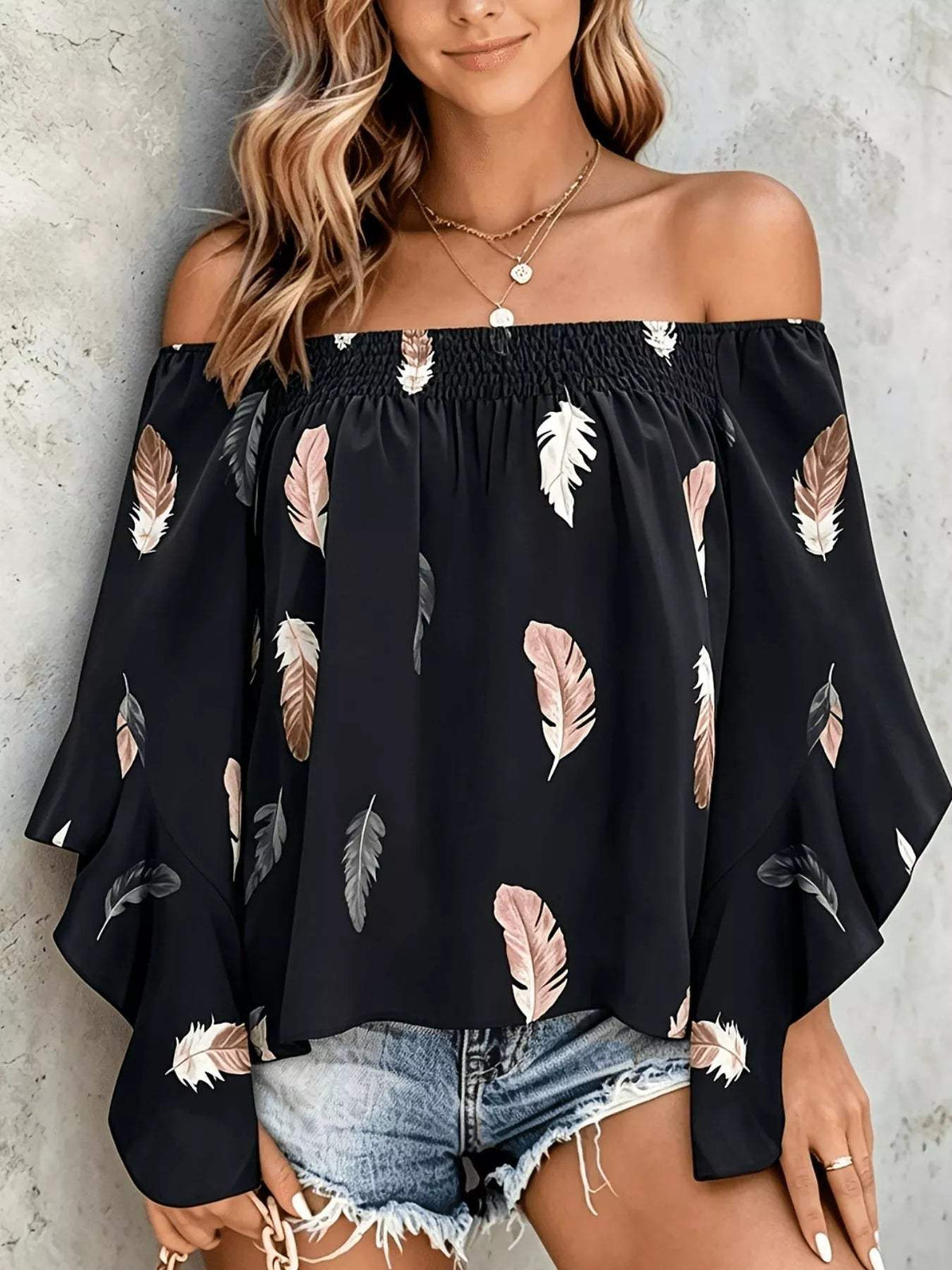 Printed Off Shoulder Blouse - Trendsi - Flyclothing LLC