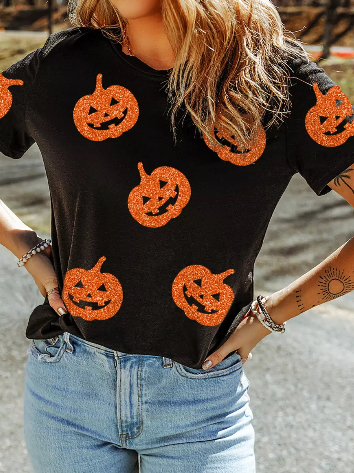 Glittering Pumpkin Face Crewneck Halloween T Shirt - Trendsi - Flyclothing LLC