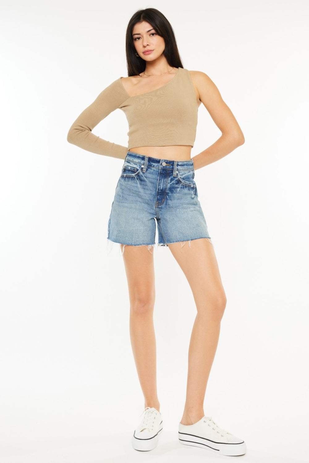 Kancan Full Size Raw Hem High Waist Denim Shorts - Trendsi - Flyclothing LLC