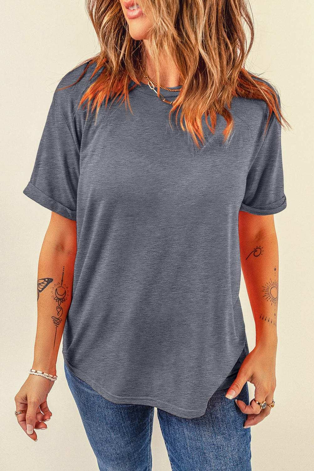 Round Neck Short Sleeve T-Shirt - Trendsi - Flyclothing LLC