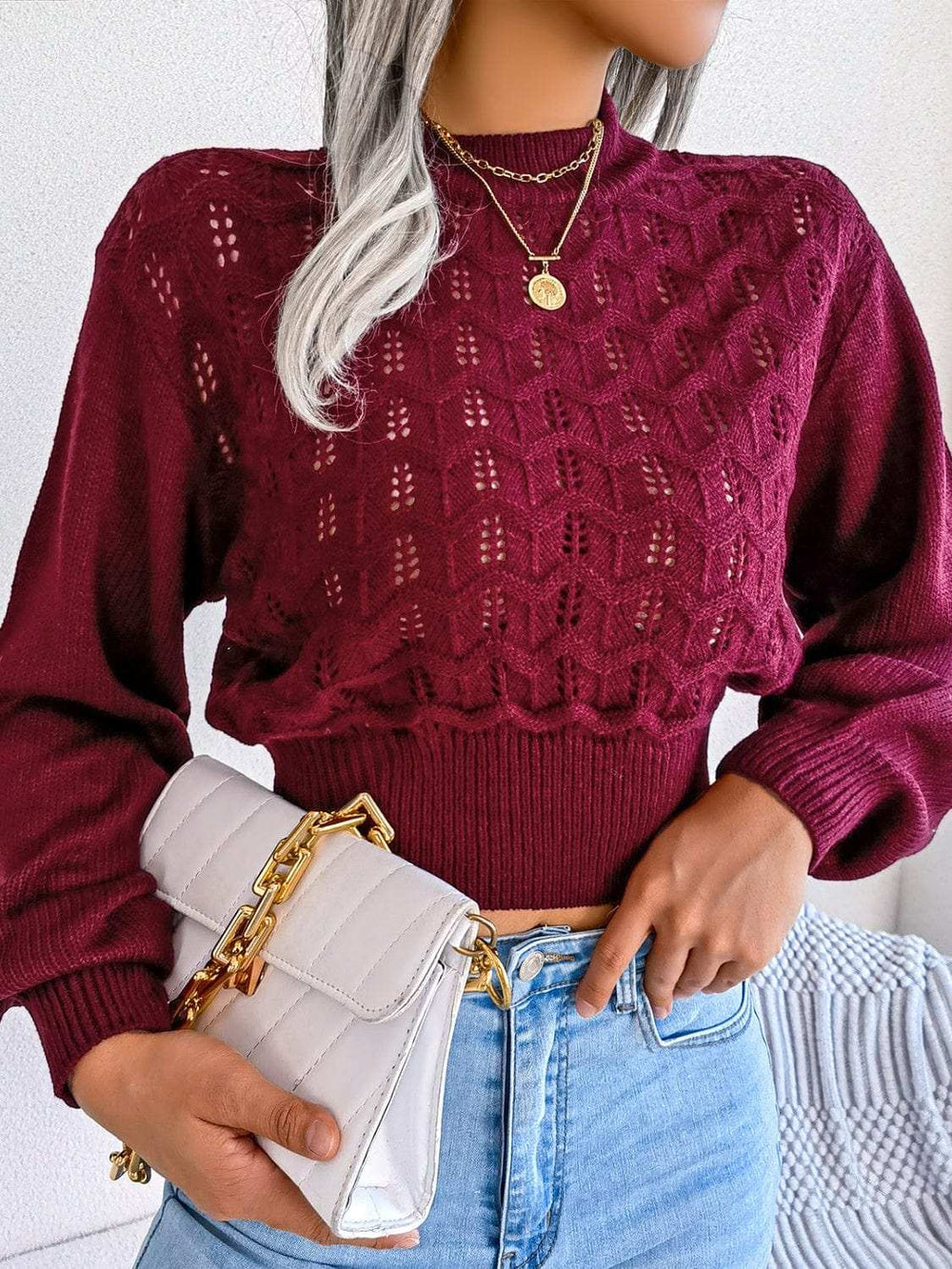 Openwork Mock Neck Long Sleeve Cropped Sweater - Trendsi - Flyclothing LLC