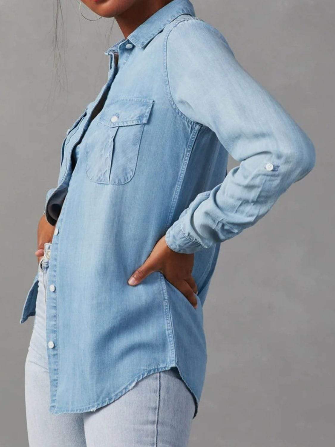 Collared Neck Roll-Tab Sleeve Denim Top - Trendsi - Flyclothing LLC