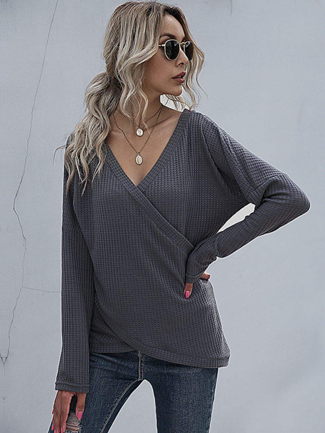 Perfee Waffle-Knit Surplice Long Sleeve Top - Trendsi - Flyclothing LLC