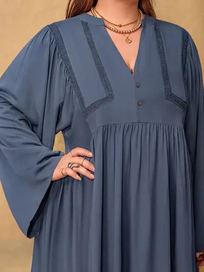 Plus Size Lace Detail Notched Long Sleeve Midi Dress - Trendsi - Flyclothing LLC
