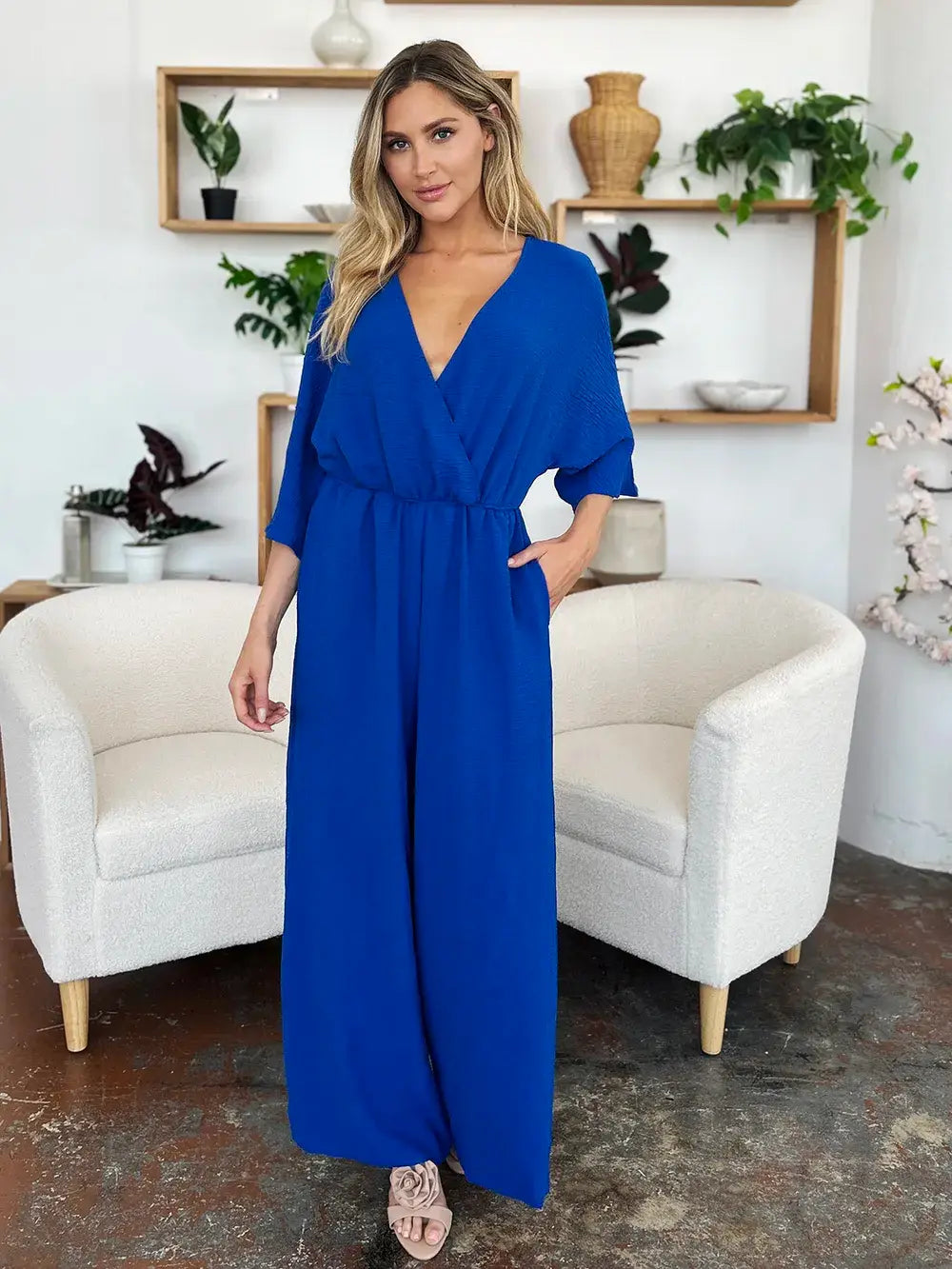 Double Take Full Size Surplice Wide Leg Jumpsuit with Pockets - Trendsi - Flyclothing LLC