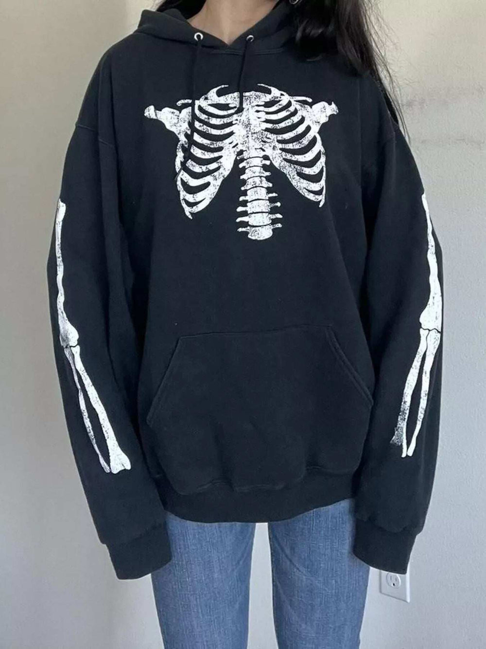 Drawstring Skeleton Long Sleeve Hoodie - Trendsi - Flyclothing LLC
