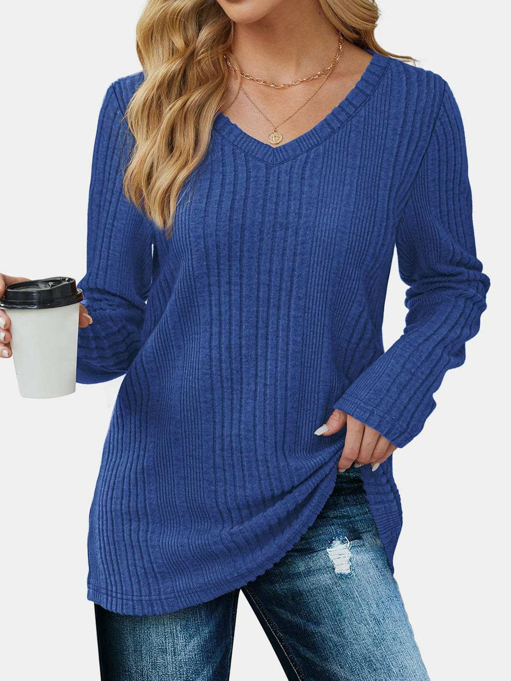 V-Neck Long Sleeve T-Shirt - Trendsi - Flyclothing LLC