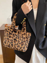 Leopard Fluff Handbag with Zip - Trendsi