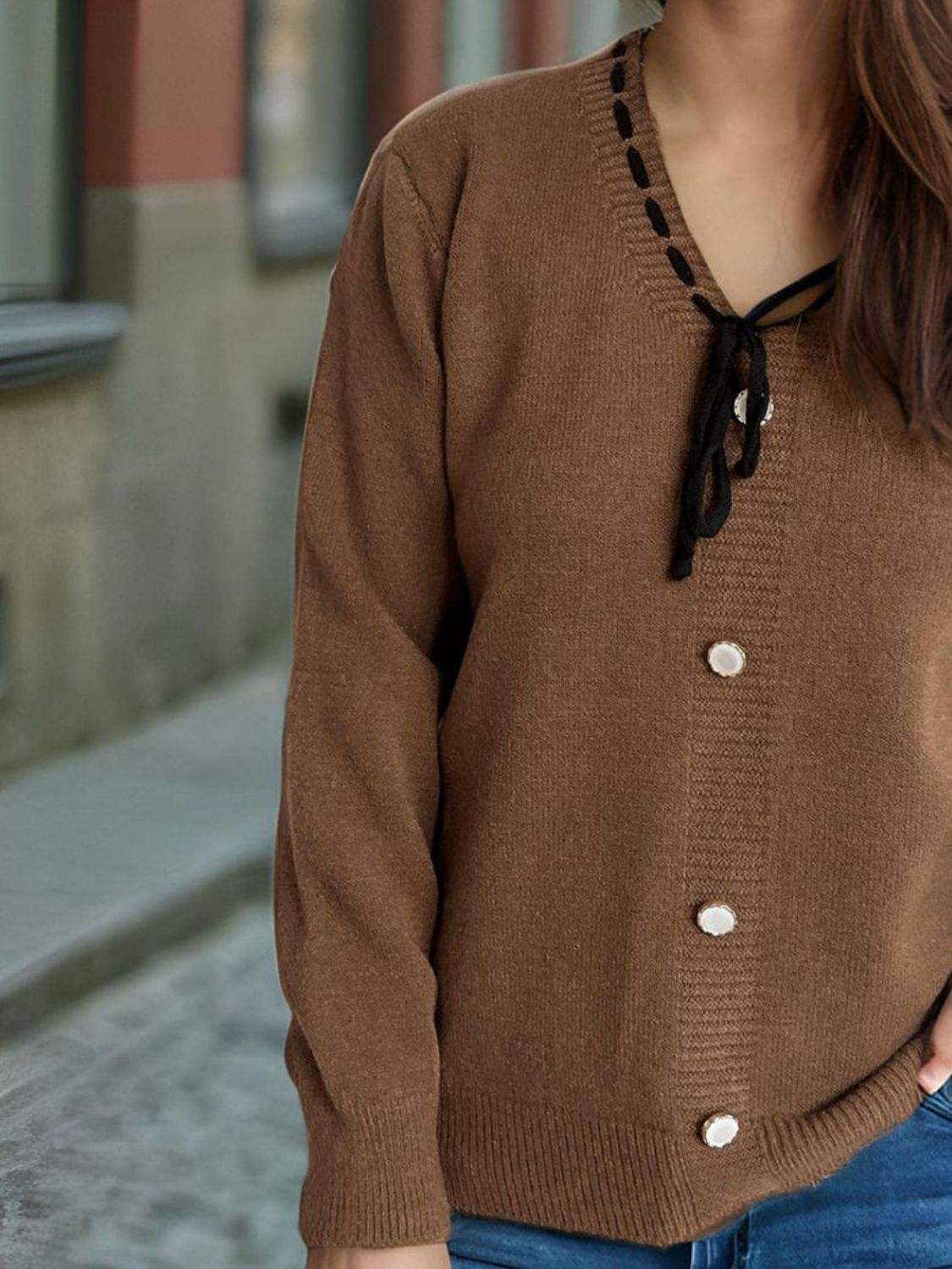 Tied V-Neck Long Sleeve Sweater - Trendsi - Flyclothing LLC