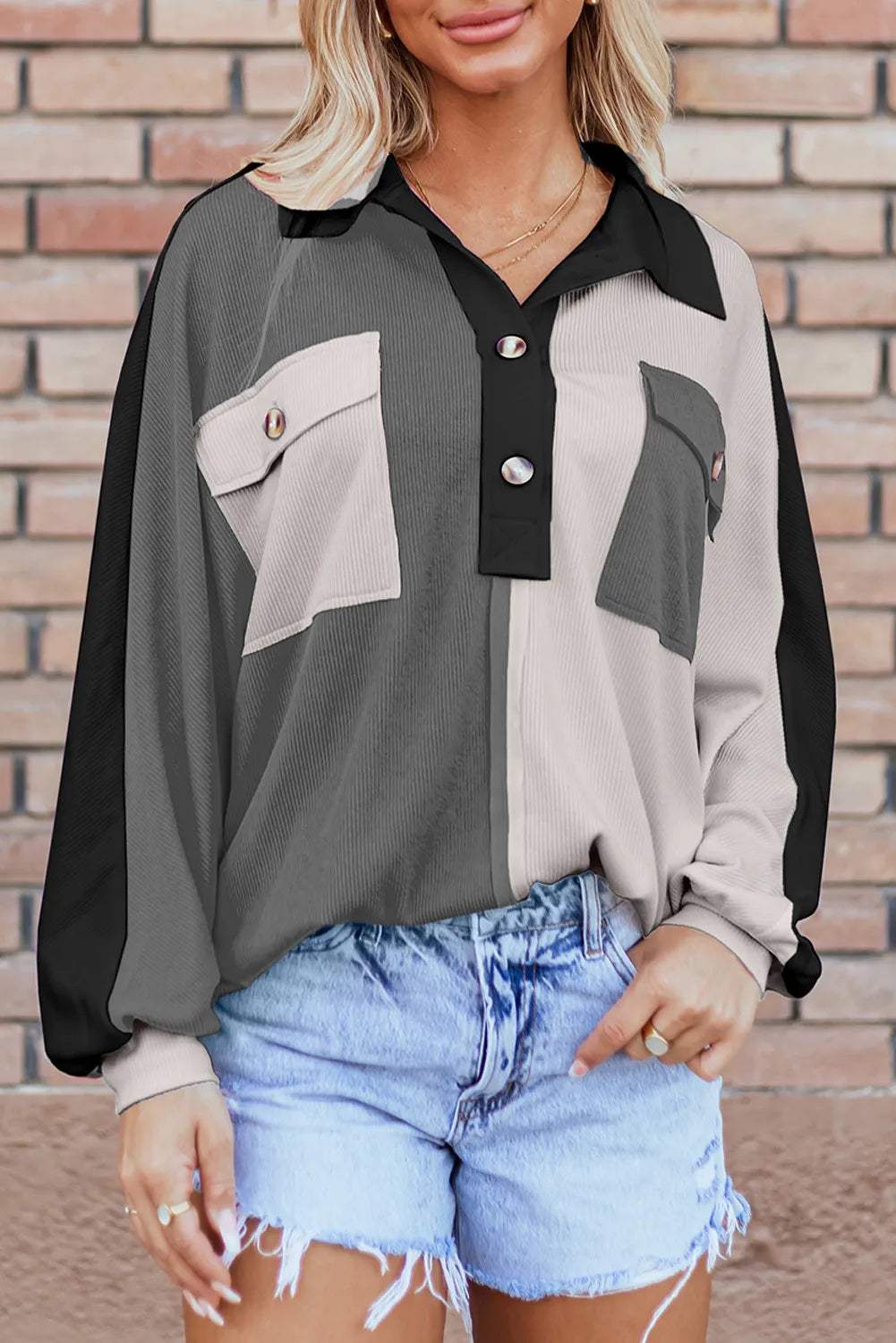 Pocketed Contrast Long Sleeve Sweatshirt - Trendsi - Flyclothing LLC
