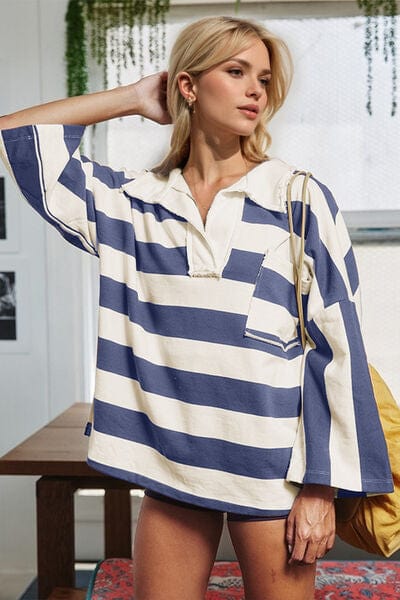 Oh Striped Johnny Collar Long Sleeve T-Shirt - Trendsi