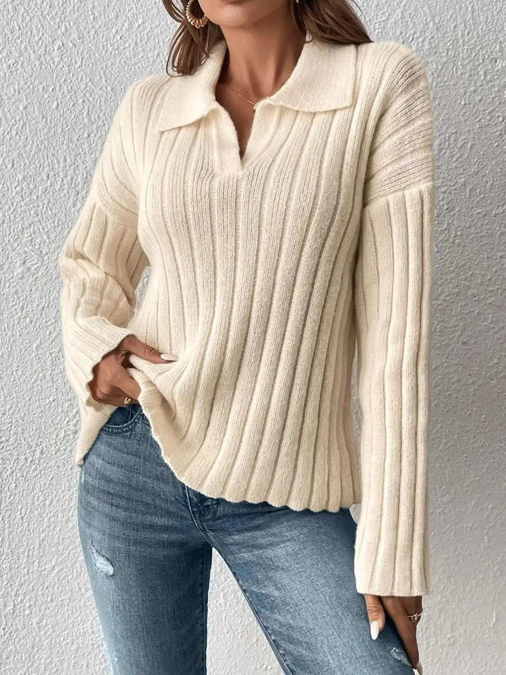 Johnny Collar Long Sleeve Sweater - Trendsi - Flyclothing LLC