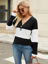 Color Block V-Neck Long Sleeve T-Shirt - Trendsi - Flyclothing LLC