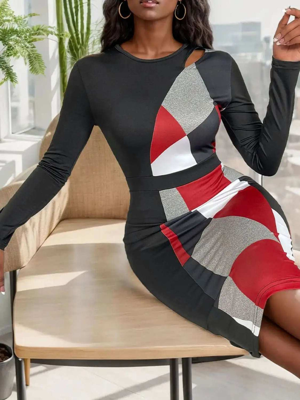 Cutout Color Block Round Neck Long Sleeve Dress - Trendsi - Flyclothing LLC
