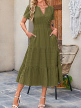 Tiered Notched Short Sleeve Dress - Trendsi - Flyclothing LLC