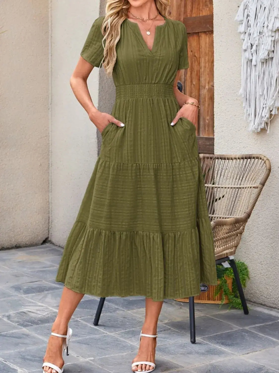 Tiered Notched Short Sleeve Dress - Trendsi - Flyclothing LLC