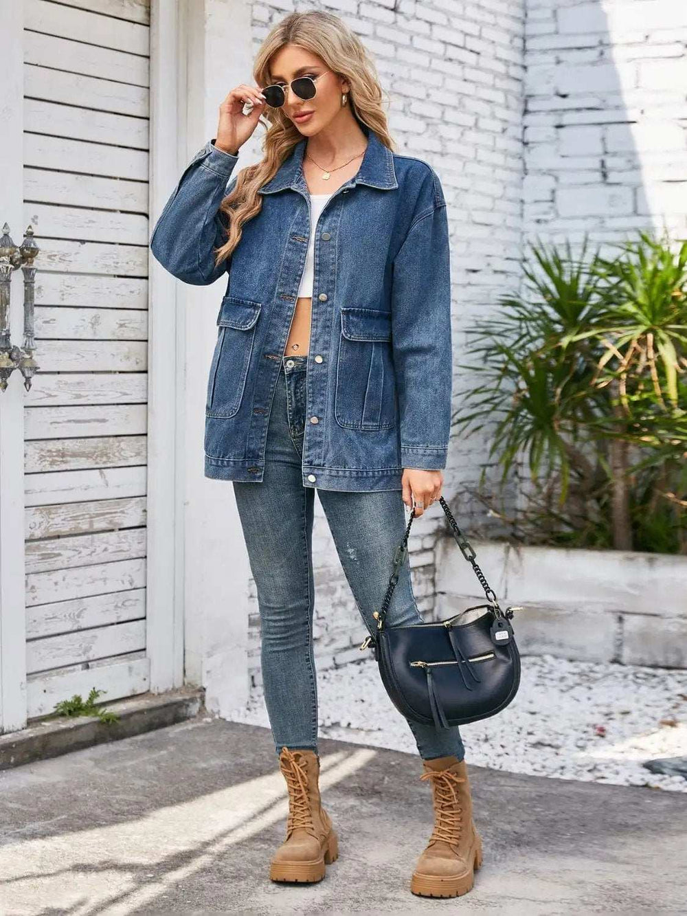 Button Up Long Sleeve Denim Jacket - Trendsi - Flyclothing LLC