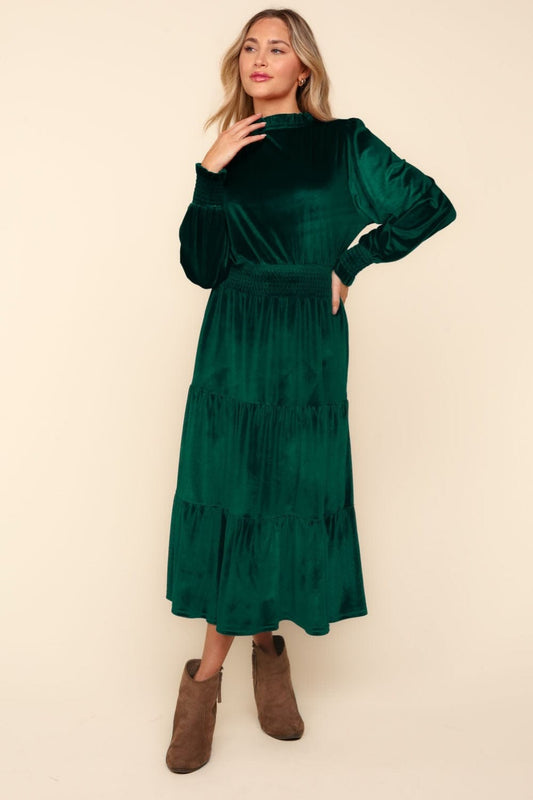 Haptics Mock Neck Smocked Waist Velvet Tiered Dress - Trendsi