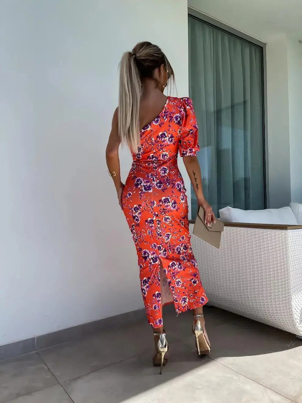 Slit Printed Single Shoulder Midi Dress - Trendsi - Flyclothing LLC