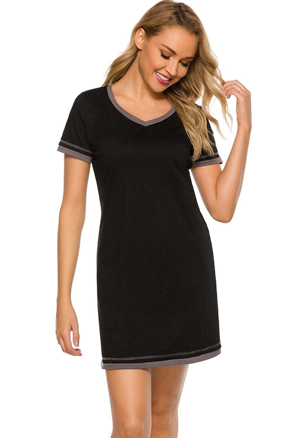 Contrast Trim Short Sleeve Lounge Dress - Trendsi - Flyclothing LLC