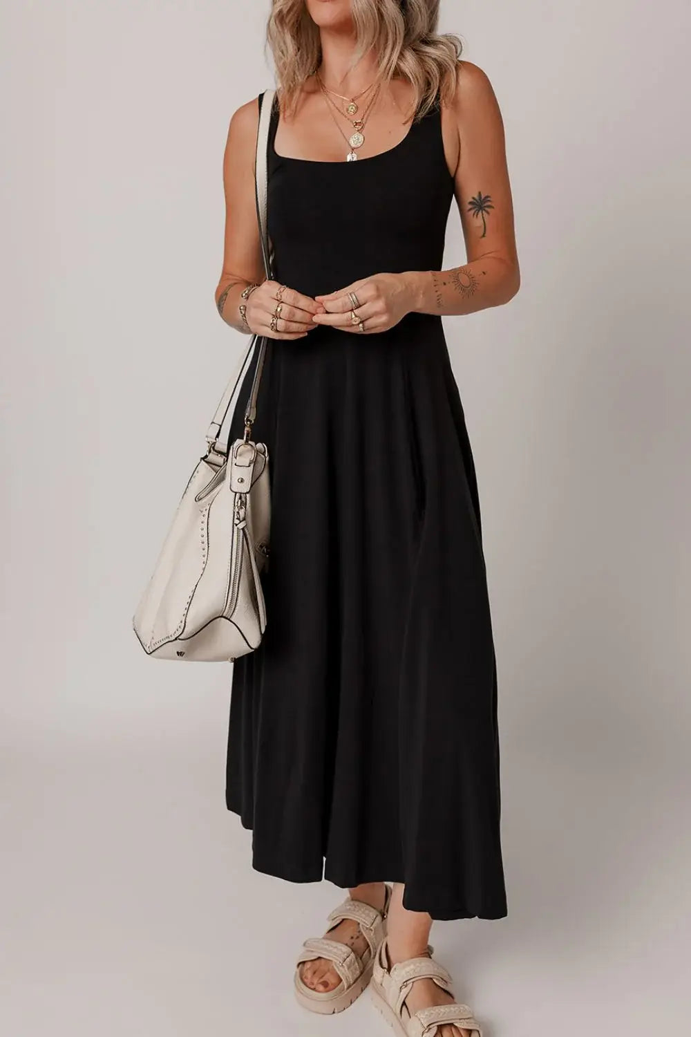 Side Slit Scoop Neck Wide Strap Dress - Trendsi - Flyclothing LLC