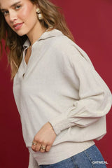 Umgee Linen Long Sleeves Elastic Hem Blouse - Trendsi - Flyclothing LLC