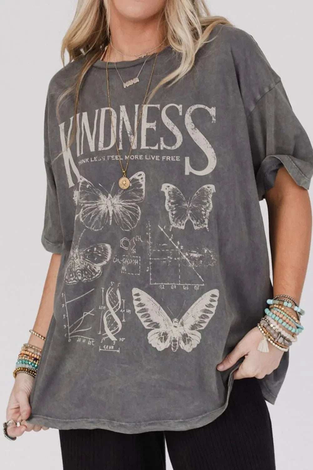 Kindness Butterflies Graphic Mineral Wash Loose Tee - Trendsi - Flyclothing LLC