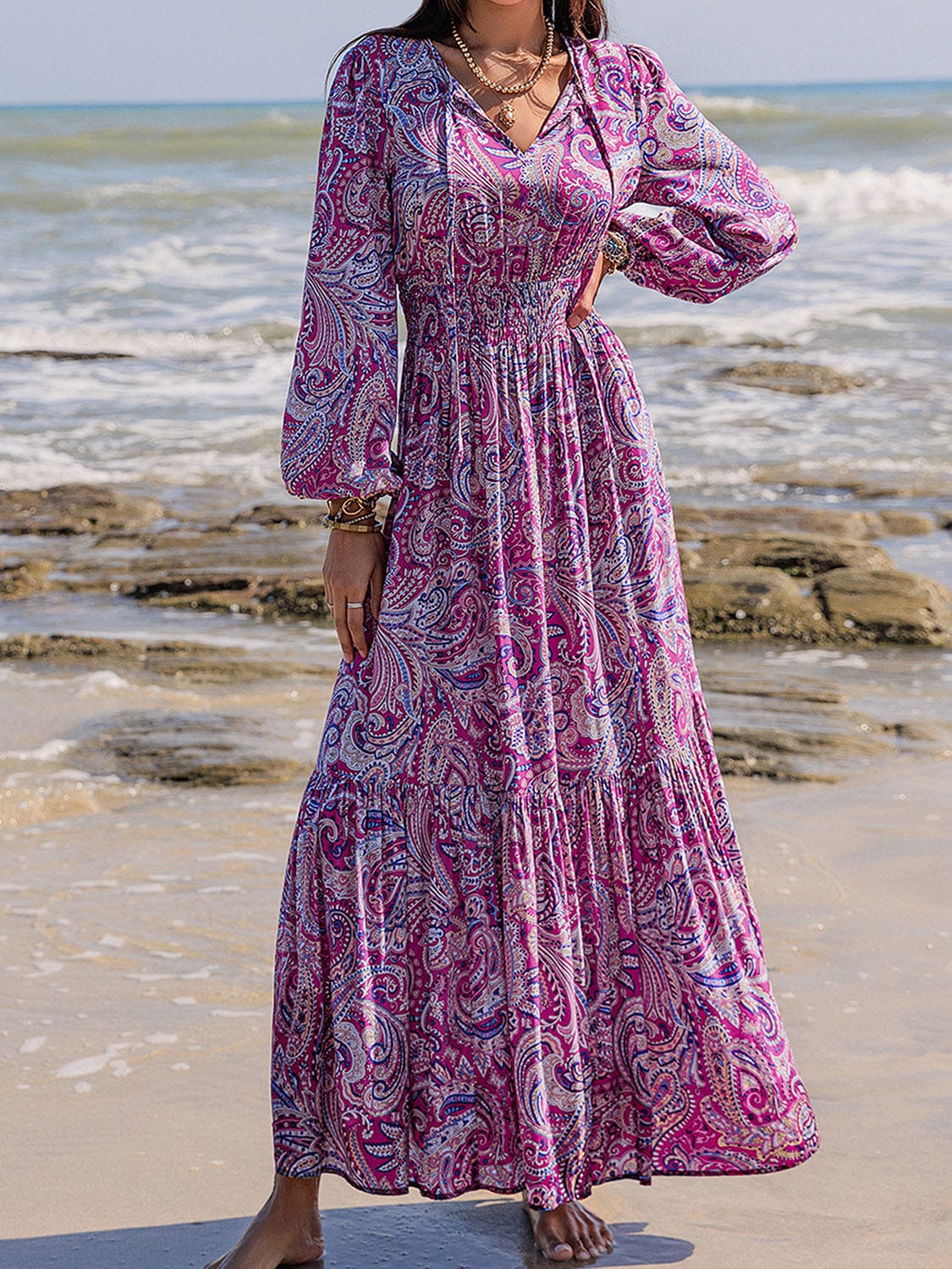 Printed Tie Neck Balloon Sleeve Maxi Dress - Trendsi