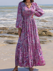 Printed Tie Neck Balloon Sleeve Maxi Dress - Trendsi