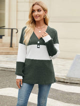 Color Block V-Neck Long Sleeve T-Shirt - Trendsi - Flyclothing LLC