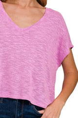 Zenana Hacci Slub V-neck Drop Shoulder Crop Top - Trendsi - Flyclothing LLC